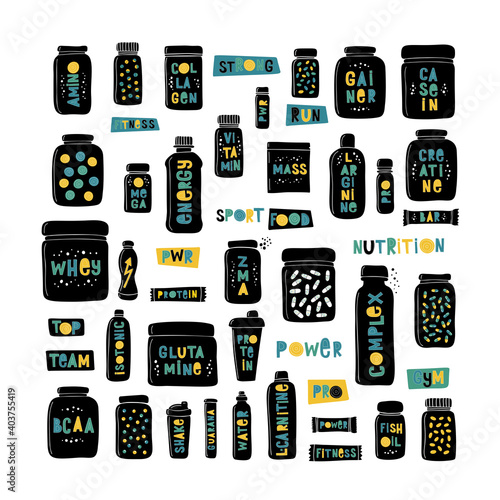 Set vector illustrations sports nutrition with text and titles. Vitamins, gainer, bsaa, amino, carnitine, arginine, shaker, casein, creatine, omega, collagen, guarana, bar, fish oil. Silhouette cans.