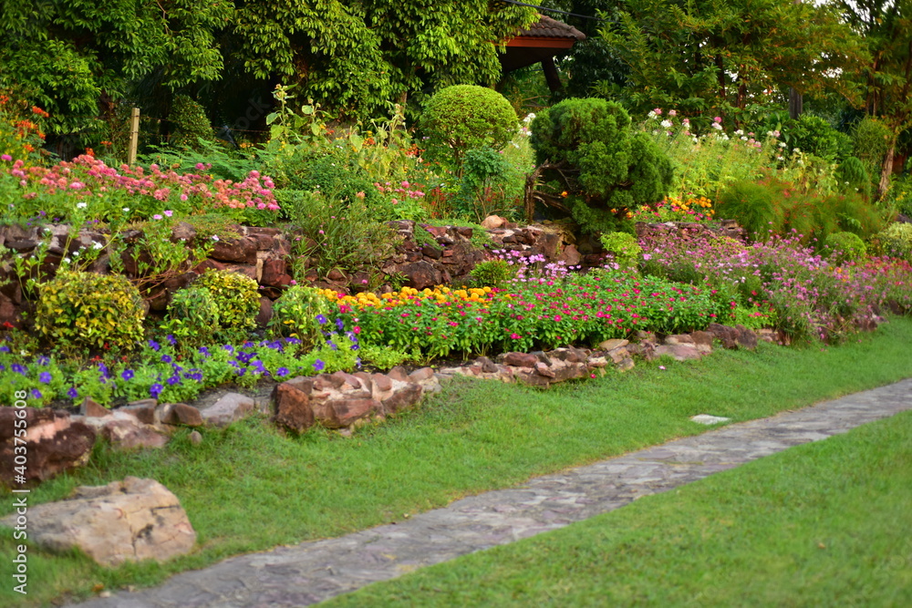 Spring Formal Garden. Beautiful garden of colorful flowers.Landscaped Formal Garden. Park. Beautiful Garden	