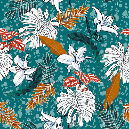 Trendy tropical botanical, monstera leaves and lily flowers on african batik background summer mood seamless pattern vector EPS10,Design for fashion,fabric,web,wallpaper,wrapping and all prints