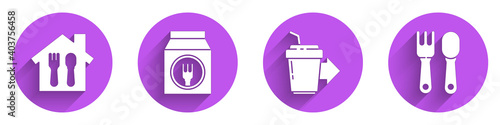 Set Online ordering and delivery, Online ordering and delivery, Coffee cup to go and Fork and spoon icon with long shadow. Vector.