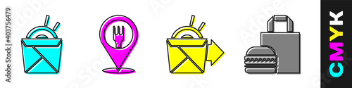 Set Asian noodles and chopsticks, Cafe and restaurant location, Online ordering noodles delivery and Online ordering burger delivery icon. Vector.