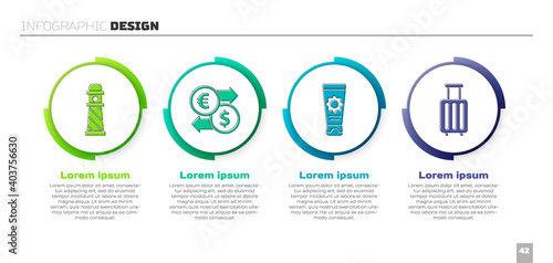Set Lighthouse, Money exchange, Sunscreen cream in tube and Suitcase. Business infographic template. Vector.