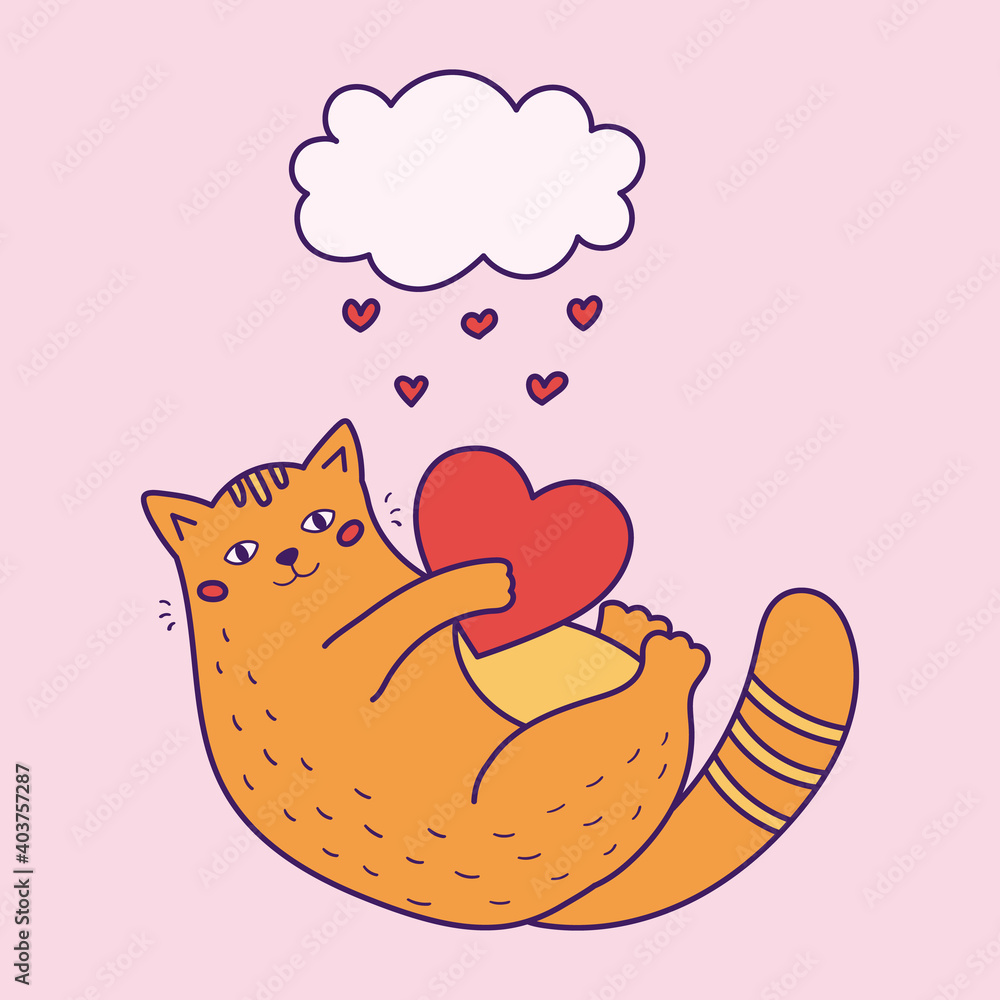 Funny fat cat with heart and cloud. Doodle Saint Valentine day greeting  card. Hand drawn vector illustration. Stock Vector | Adobe Stock