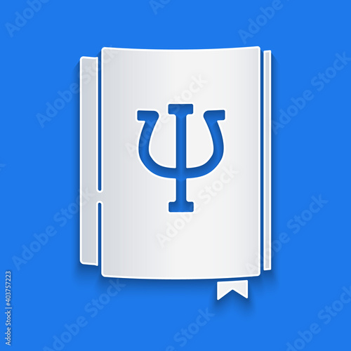 Paper cut Psychology book icon isolated on blue background. Psi symbol. Mental health concept, psychoanalysis analysis and psychotherapy. Paper art style. Vector.