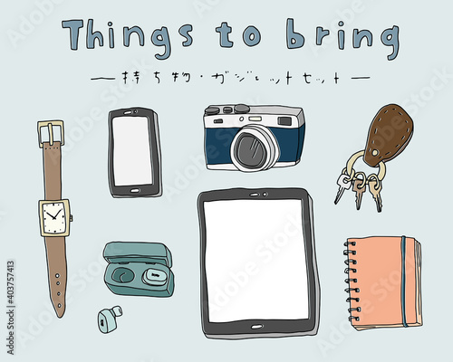 ガジェットや持ち物の手描きイラストのセット　スケッチ　おしゃれ　線　スマホ　タブレット　カメラ