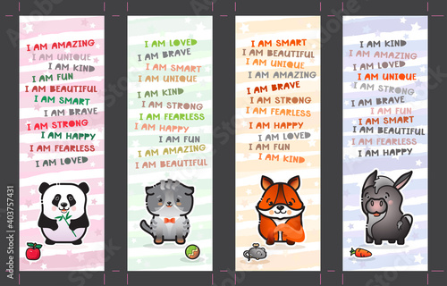 Bookmark set with cute animal and affirmations for kids. Vector.