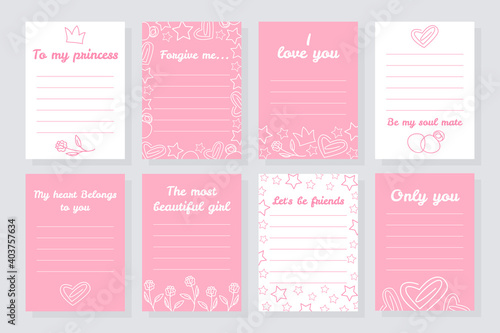 A set of valentines to acknowledge your feelings. Holiday cards for lovers in white and pink colors. Inscriptions with confessions. Place for text. Flat vector illustration.