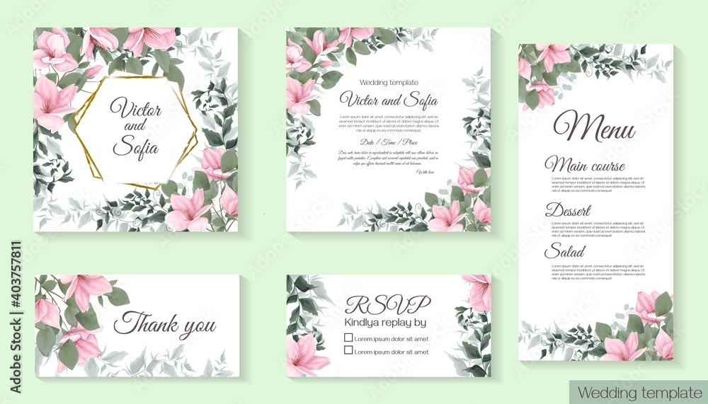 Vector template for wedding invitation. Magnolia flowers, green branches, leaves. All elements are isolated. Invitation card, thanks, rsvp, menu.
