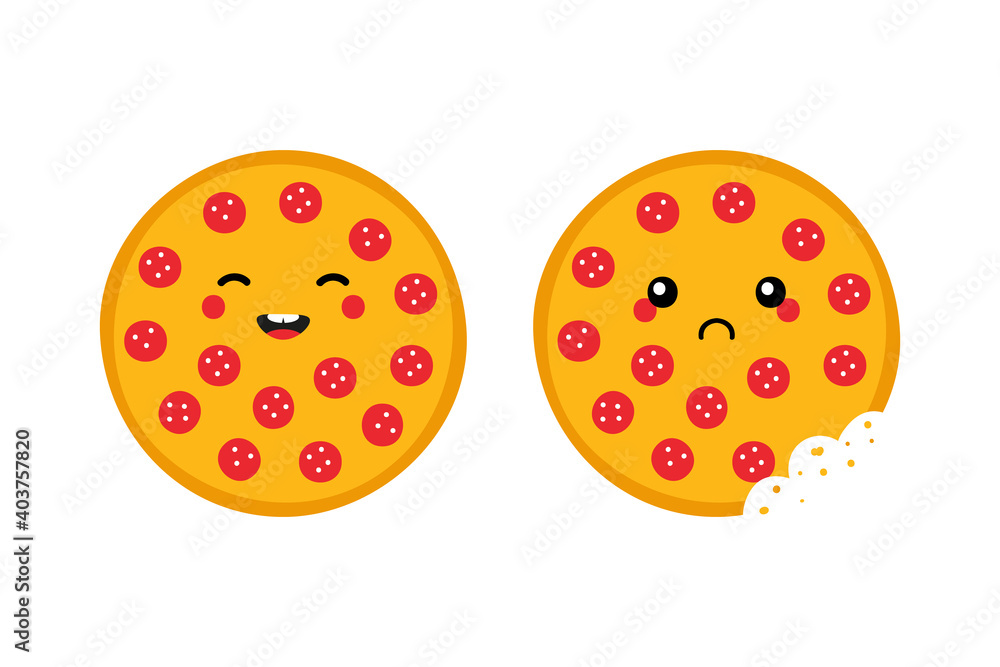Fototapeta premium Cute cartoon style round pepperoni pizza characters, happy smiling and sad with bite mark.
