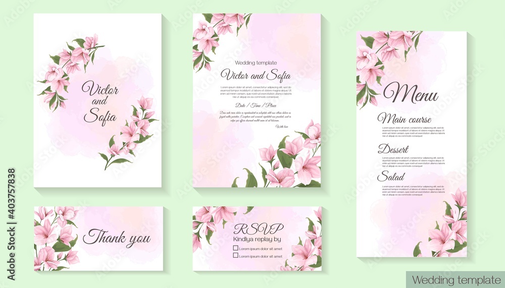Floral template for wedding invitation. Pink delicate sakura, magnolia, watercolor background. Card invitation, rsvp, thank you, menu.