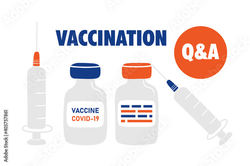 Vaccination vector cartoon style illustration, banner, card with bottles of vaccine and medical syringes.