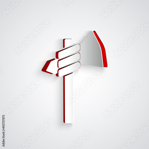 Paper cut Native american tomahawk axe icon isolated on grey background. Paper art style. Vector.