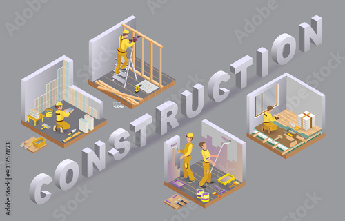 Concept of renovation. Construction and house repairs. Isometric vector illustration.