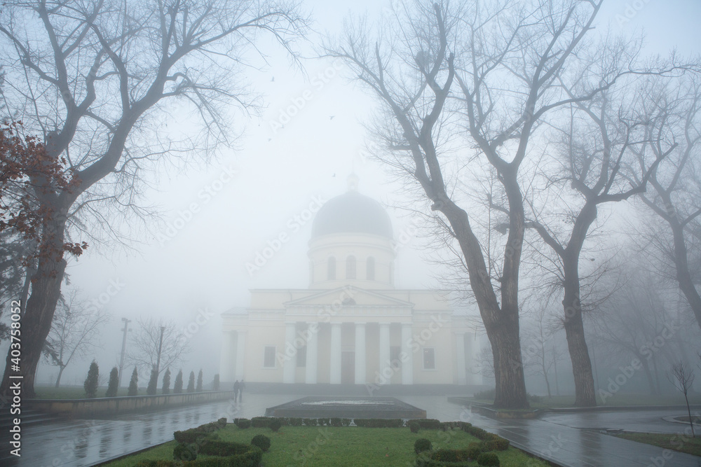 A beautiful foggy winter morning in Chisinau Moldova.