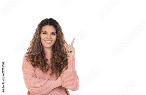 Beautiful middle aged woman with pink woolen sweater
