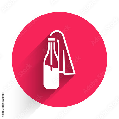 White Cocktail molotov icon isolated with long shadow. Red circle button. Vector.