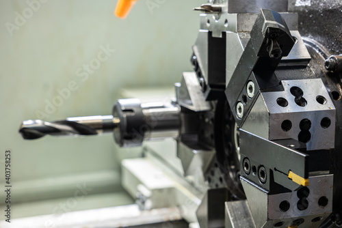 Cnc machine. The CNC lathe machine or Turning machine. Turning numerical control machine with tools and chuck.