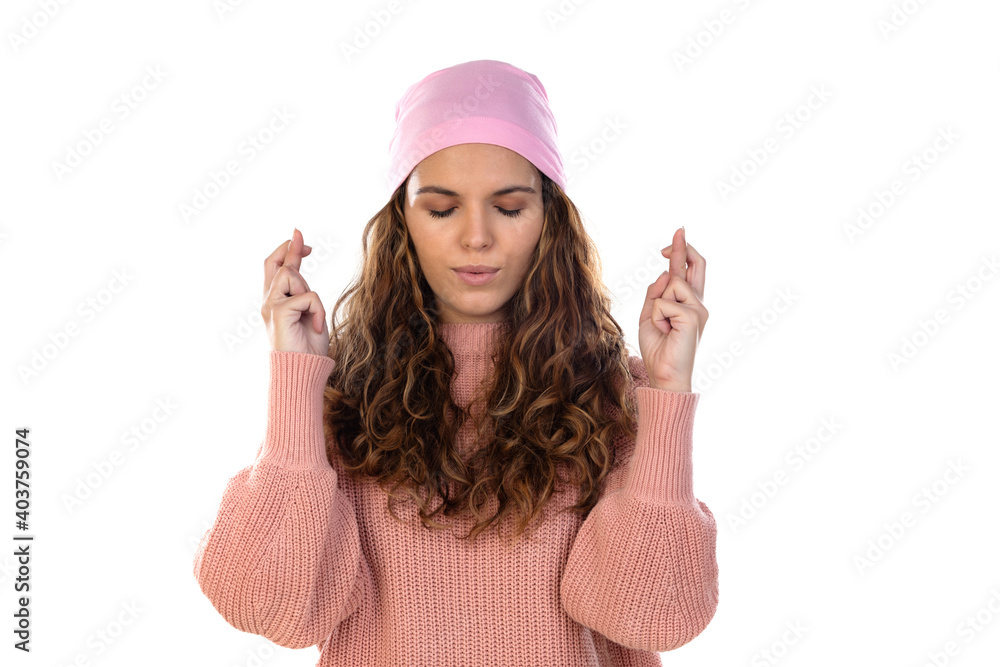 Hopeful woman with cancer wearing a thoughtful pink scarf Hopeful woman with cancer wearing a thoughtful pink scarf