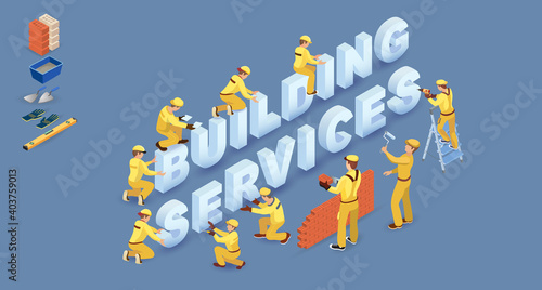 Workers install isometric letters. Words Home Wallpaper. Vector illustration.