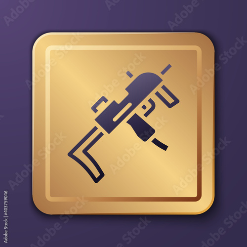 Purple MP9 submachine gun icon isolated on purple background. Automatic weapon. Gold square button. Vector.