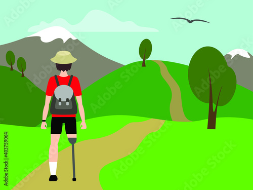 A man with a backpack and a prosthetic leg hacking in the mountains on a clear summer day and space to copy. The concept of overcoming