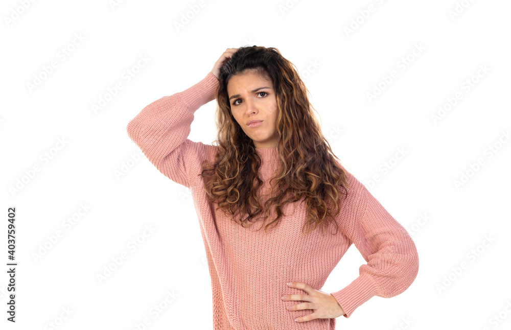 Beautiful middle aged woman with pink woolen sweater Beautiful middle aged woman with pink woolen sweater