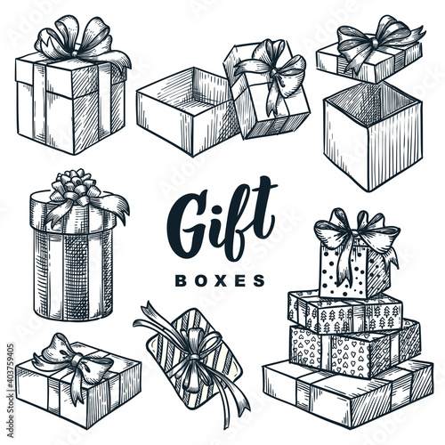 Cardboard gift boxes set. Closed and open empty holiday packages collection. Vector hand drawn sketch illustration