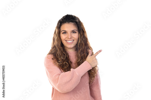 Beautiful middle aged woman with pink woolen sweater