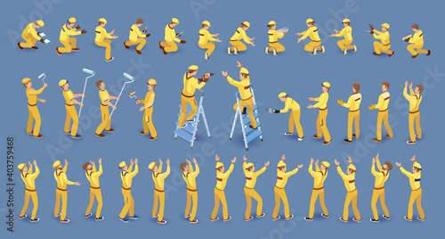 Set of isometric Workers. Repairers in overall, various poses. Vector.