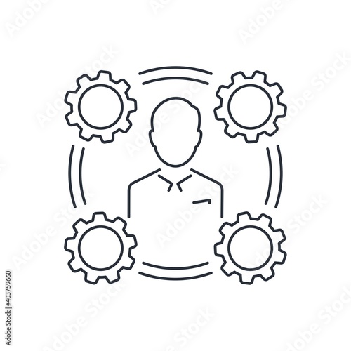 Manager and gears. Process coordinator. Vector linear icon isolated on white background.
