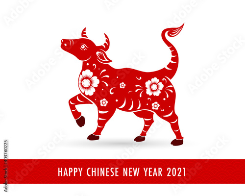 Happy Chinese New Year with red ox silhouette on white background. The Year of the Ox according to Chinese zodiac.