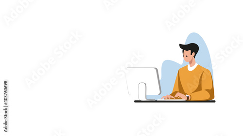 Man character in yellow working online illustation. © Vector Solutions
