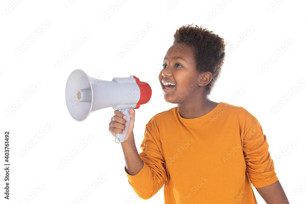 Happy little child speaking with a megaphone Happy little child speaking with a megaphone
