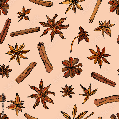 Spices of cinnamon and star anise. Seamless pattern on a beige background. Design for cafe, fabric, wallpaper, packaging.