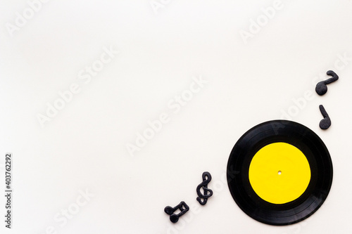 Flat lay of vinyl record. Music background