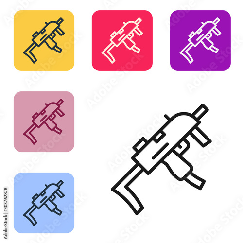 Black line MP9 submachine gun icon isolated on white background. Automatic weapon. Set icons in color square buttons. Vector.