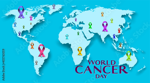 World cancer day concept with world map and many colorful awareness ribbon. Together healing each other all around the world