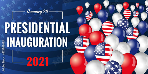 Presidential inauguration USA January 20, 2021 banner with flying in the sky balloons. Social distancing concept US president inauguration with text and balloons with flag. Isolated vector design