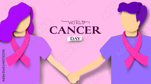 World cancer day male and female holding hand together with purple pink ribbon on them. Together we can overcome healing together