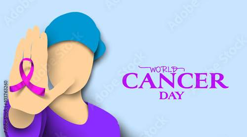 Patient with purple awareness of ribbon in hand and encourage others. World cancer day in paper art style