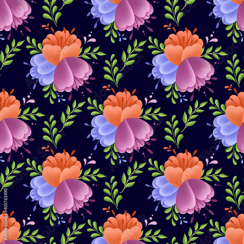 Seamless pattern with orange  red and purple flowers on dark background. Brunches with leaves. Scrapbooking. Summer wallpaper.