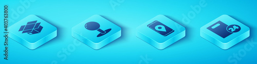Set Isometric Carton cardboard box, Push pin, Delivery with cardboard boxes and Mobile with app delivery tracking icon. Vector.