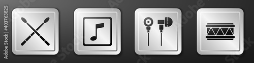 Set Drum sticks, Music note, tone, Air headphones and Drum icon. Silver square button. Vector.