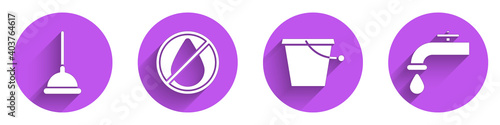 Set Rubber plunger, Water drop forbidden, Bucket and Water tap icon with long shadow. Vector.