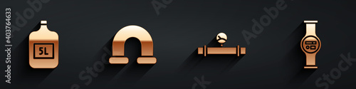 Set Big bottle with clean water, Industry metallic pipe, Industry pipe and manometer and Water meter icon with long shadow. Vector.
