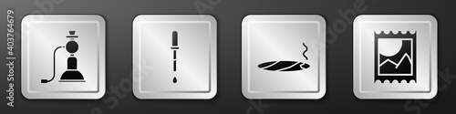 Set Hookah, Pipette, Cigar with smoke and LSD acid mark icon. Silver square button. Vector.
