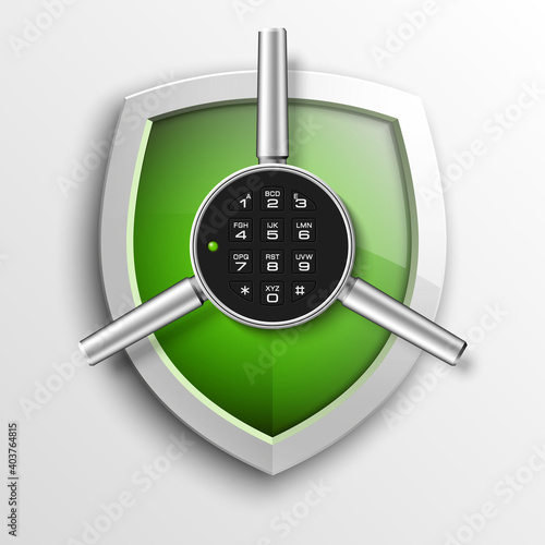 Protection guard shield concept with safety handwheel. Safety badge helm icon. Privacy Safe door handle banner. Security bright label. Presentation shining sticker shield shape. Defense safeguard sign