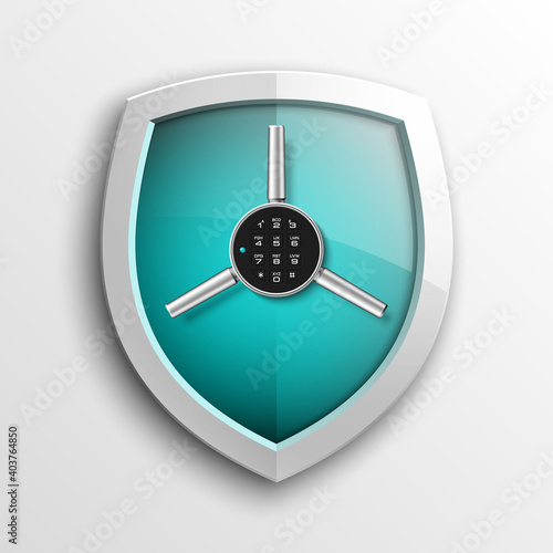 Protection guard shield concept with safety handwheel. Safety badge helm icon. Privacy Safe door handle banner. Security bright label. Presentation shining sticker shield shape. Defense safeguard sign