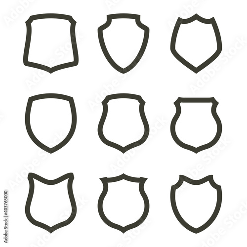 Protect guard shield plain line concept. Outline shield badge. Safety icon set. Privacy banner kit. Security label. Flat style protect sticker symbol shape. Safeguard simple sign. linear pictogram