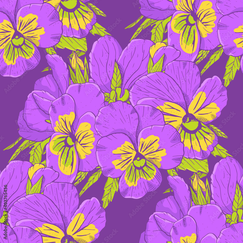 Colorful floral seamless pattern with hand drawn pansy flowers on violet background. Stock vector illustration.
